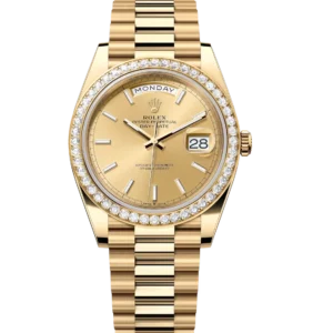 Rolex Day-Date 40 Oyster Perpetual 18 ct yellow gold champagne-colour dial diamond-set bezel President band Reference 228348RBR
