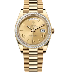 Rolex Day-Date 40 Oyster Perpetual 18 ct yellow gold champagne-colour dial diamond-set bezel President band Reference 228398TBR