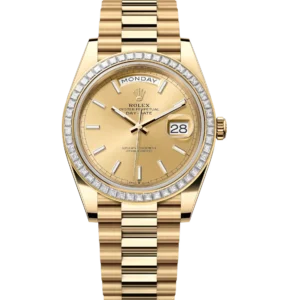 Rolex Day-Date 40 Oyster Perpetual 18 ct yellow gold champagne-colour dial diamond-set bezel President band Reference 228398TBR