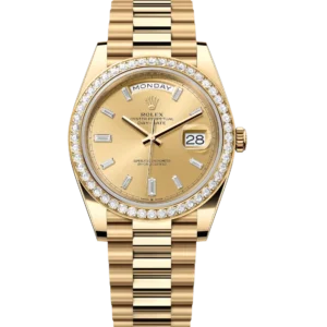 Rolex Day-Date 40 Oyster Perpetual 18 ct yellow gold champagne colour, diamond-set dial diamond-set bezel President band Reference 228348RBR