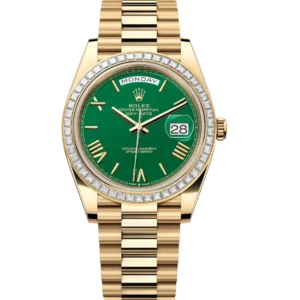 Rolex Day-Date 40 Oyster Perpetual 18 ct yellow gold green dial diamond-set bezel President band Reference 228398TBR