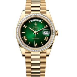 Rolex Day-Date 40 Oyster Perpetual 18 ct yellow gold green ombré dial diamond-set bezel President band Reference 228398TBR