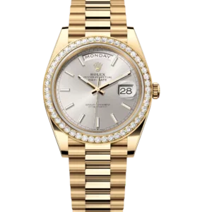 Rolex Day-Date 40 Oyster Perpetual 18 ct yellow gold silver dial diamond-set bezel President band Reference 228348RBR