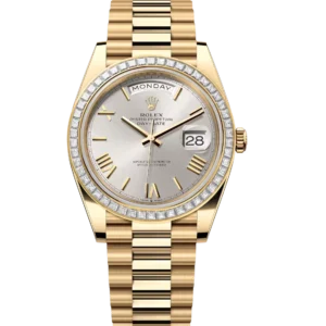 Rolex Day-Date 40 Oyster Perpetual 18 ct yellow gold silver dial diamond-set bezel President band Reference 228398TBR