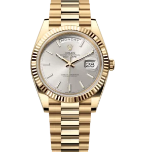 Rolex Day-Date 40 Oyster Perpetual 18 ct yellow gold silver dial fluted bezel President band Reference 228238