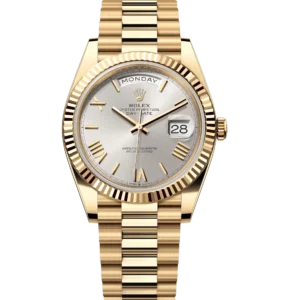 Rolex Day-Date 40 Oyster Perpetual 18 ct yellow gold silver dial fluted bezel President band Reference 228238