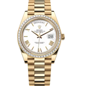 Rolex Day-Date 40 Oyster Perpetual 18 ct yellow gold white dial diamond-set bezel President band Reference 228398TBR