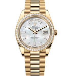 Rolex Day-Date 40 Oyster Perpetual 18 ct yellow gold white mother-of-pearl, diamond-set dial diamond-set bezel President band Reference 228348RBR