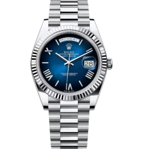 Rolex Day-Date 40 Oyster Perpetual platinum blue ombré dial fluted bezel President band Reference 228236