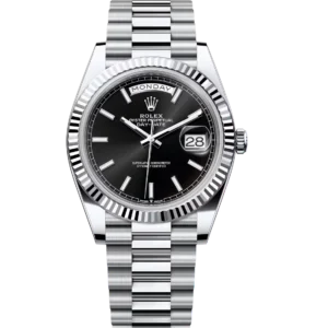 Rolex Day-Date 40 Oyster Perpetual platinum bright black dial fluted bezel President band Reference 228236