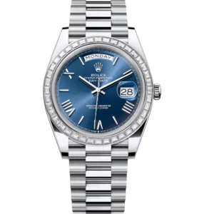 Rolex Day-Date 40 Oyster Perpetual platinum bright blue dial diamond-set bezel President band Reference 228396TBR