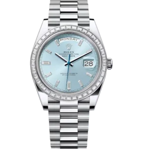 Rolex Day-Date 40 Oyster Perpetual platinum ice-blue, diamond-set dial diamond-set bezel President band Reference 228396TBR