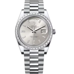 Rolex Day-Date 40 Oyster Perpetual platinum silver, diamond-set dial diamond-set bezel President band Reference 228396TBR