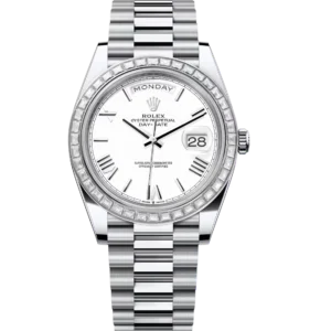 Rolex Day-Date 40 Oyster Perpetual platinum white dial diamond-set bezel President band Reference 228396TBR