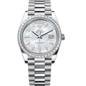 Rolex Day-Date 40 Oyster Perpetual platinum white mother-of-pearl, diamond-set dial diamond-set bezel President band Reference 228396TBR