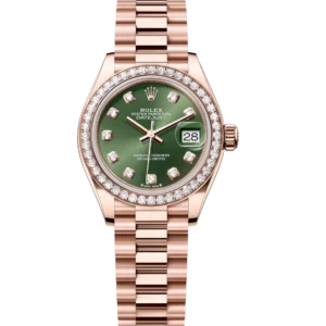 Rolex Lady-Datejust 28 Oyster Perpetual 18 ct Everose gold olive-green, diamond-set dial President band Reference 279135RBR