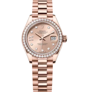 Rolex Lady-Datejust 28 Oyster Perpetual 18 ct Everose gold rosé colour, diamond-set dial President band Reference 279135RBR