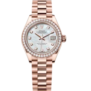 Rolex Lady-Datejust 28 Oyster Perpetual 18 ct Everose gold white mother-of-pearl, diamond-set dial President band Reference 279135RBR