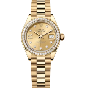 Rolex Lady-Datejust 28 Oyster Perpetual 18 ct yellow gold champagne colour, diamond-set dial President band Reference 279138RBR