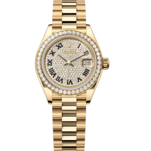 Rolex Lady-Datejust 28 Oyster Perpetual 18 ct yellow gold diamond-paved dial President band Reference 279138RBR