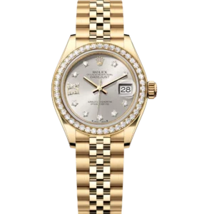 Rolex Lady-Datejust 28 Oyster Perpetual 18 ct yellow gold silver, diamond-set dial Jubilee band Reference 279138RBR