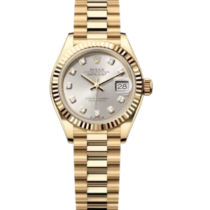 Rolex Lady-Datejust 28 Oyster Perpetual 18 ct yellow gold silver, diamond-set dial President band Reference 279178