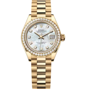 Rolex Lady-Datejust 28 Oyster Perpetual 18 ct yellow gold white mother-of-pearl, diamond-set dial President band Reference 279138RBR