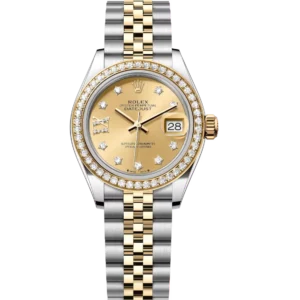 Rolex Lady-Datejust 28 Oyster Perpetual Oystersteel and yellow gold champagne colour, diamond-set dial Jubilee band Reference 279383RBR