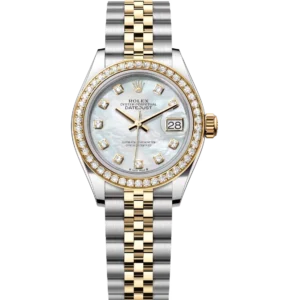 Rolex Lady-Datejust 28 Oyster Perpetual Oystersteel and yellow gold white mother-of-pearl, diamond-set dial Jubilee band Reference 279383RBR