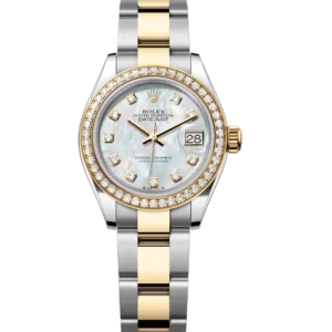 Rolex Lady-Datejust 28 Oyster Perpetual Oystersteel and yellow gold white mother-of-pearl, diamond-set dial Oyster band Reference 279383RBR