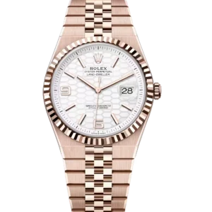 Rolex Land-Dweller 40 Oyster Perpetual 18 ct Everose gold intense white, honeycomb-motif dial Flat Jubilee band Reference 127335