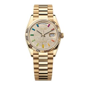Rolex Day-Date 40 Oyster Perpetual 18 ct yellow gold Rainbow diamond-paved dial fluted bezel President band Reference 128238-0051